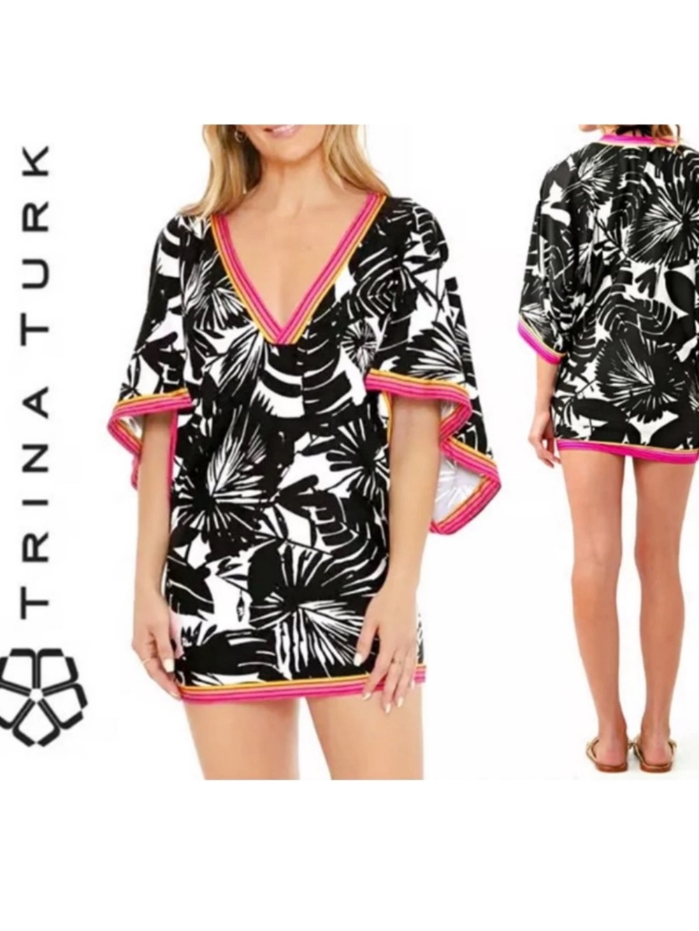 Trina Turk Black & White Tropical Tunic with Hot Pink Trim